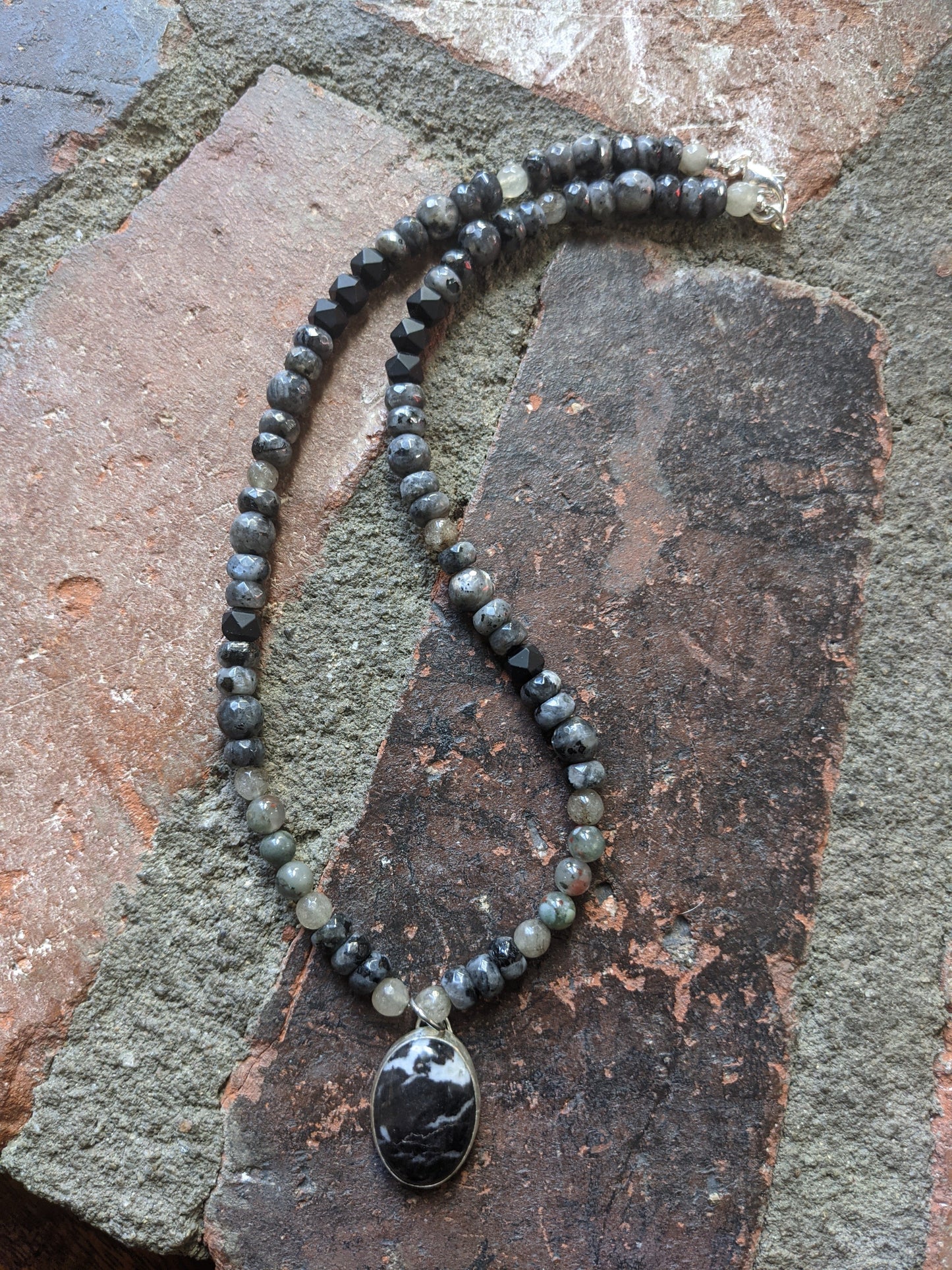 Sterling Silver Larvikite Labradorite and Onyx Short Statement Necklace