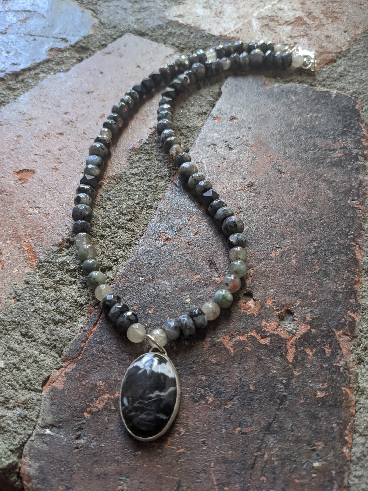 Sterling Silver Larvikite Labradorite and Onyx Short Statement Necklace