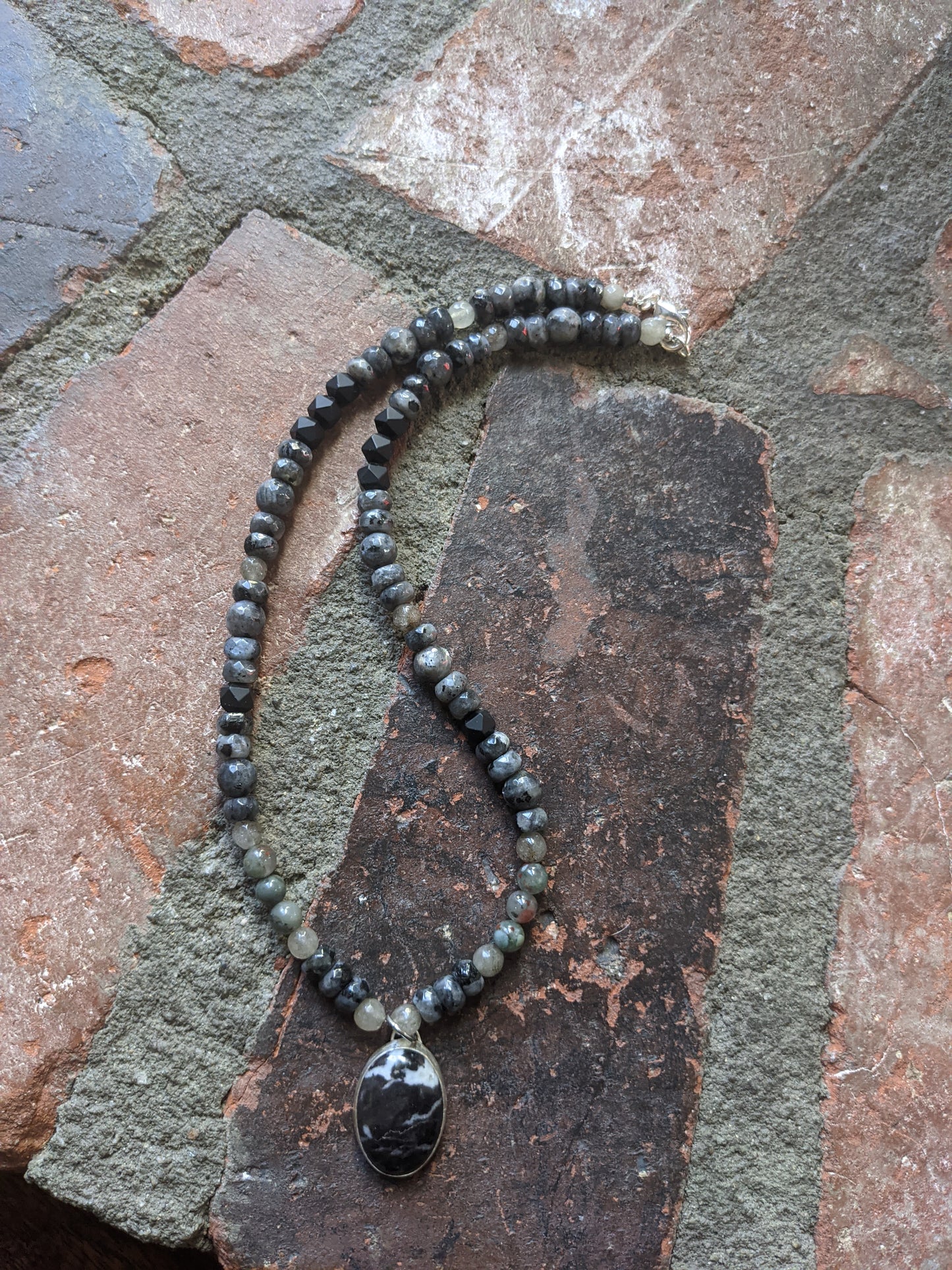 Sterling Silver Larvikite Labradorite and Onyx Short Statement Necklace