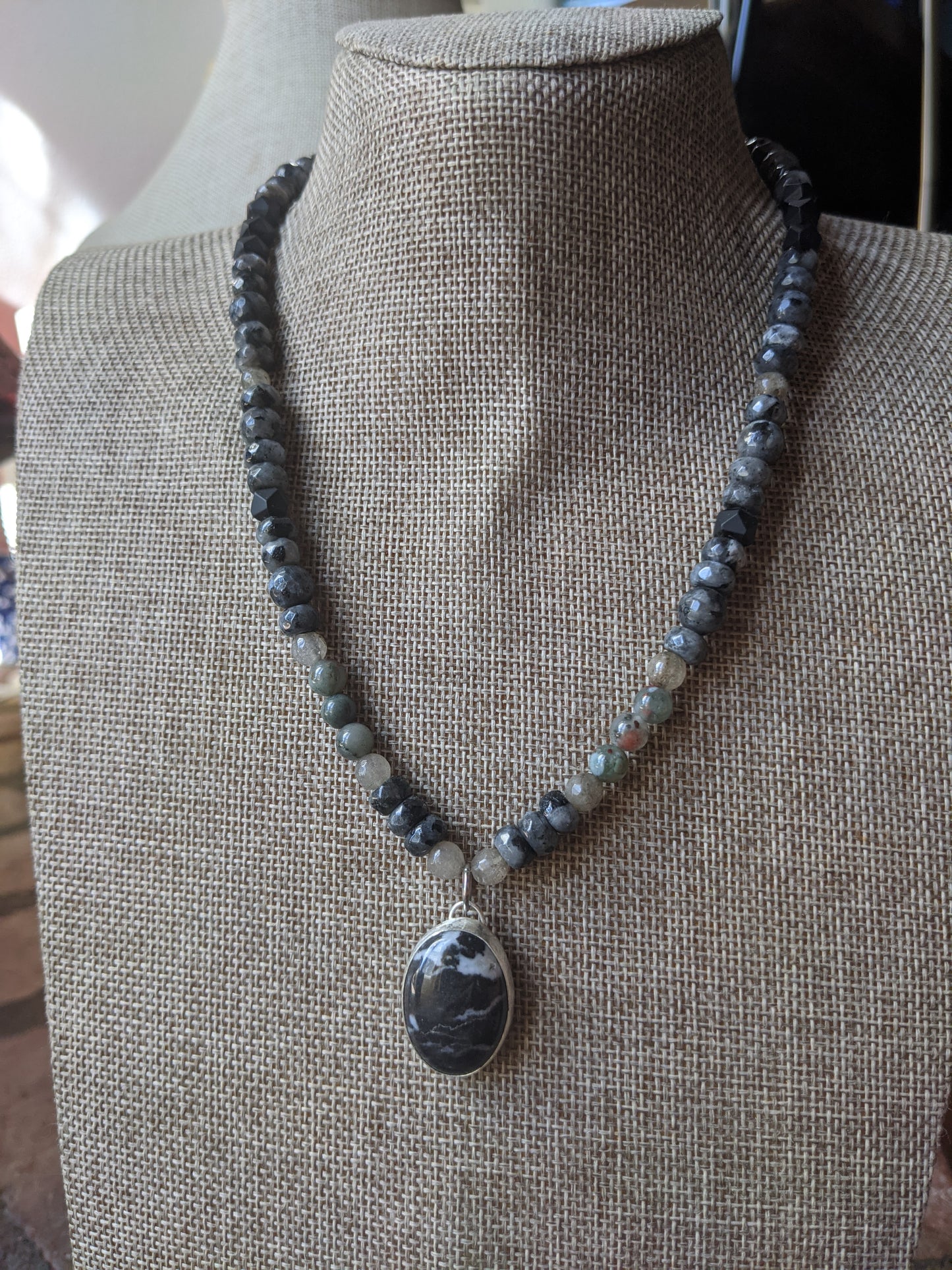 Sterling Silver Larvikite Labradorite and Onyx Short Statement Necklace