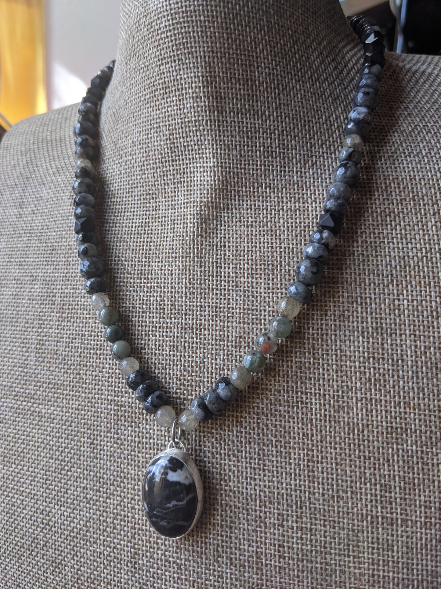 Sterling Silver Larvikite Labradorite and Onyx Short Statement Necklace