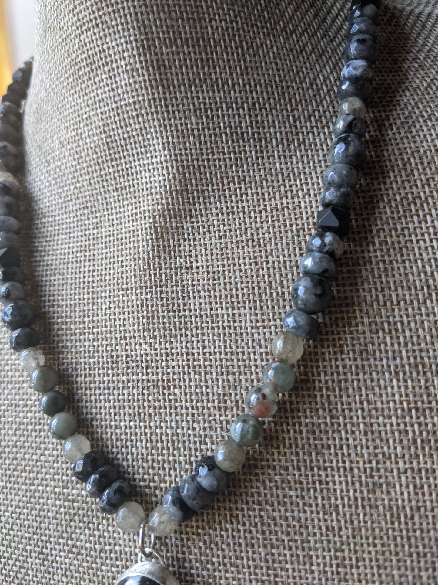 Sterling Silver Larvikite Labradorite and Onyx Short Statement Necklace