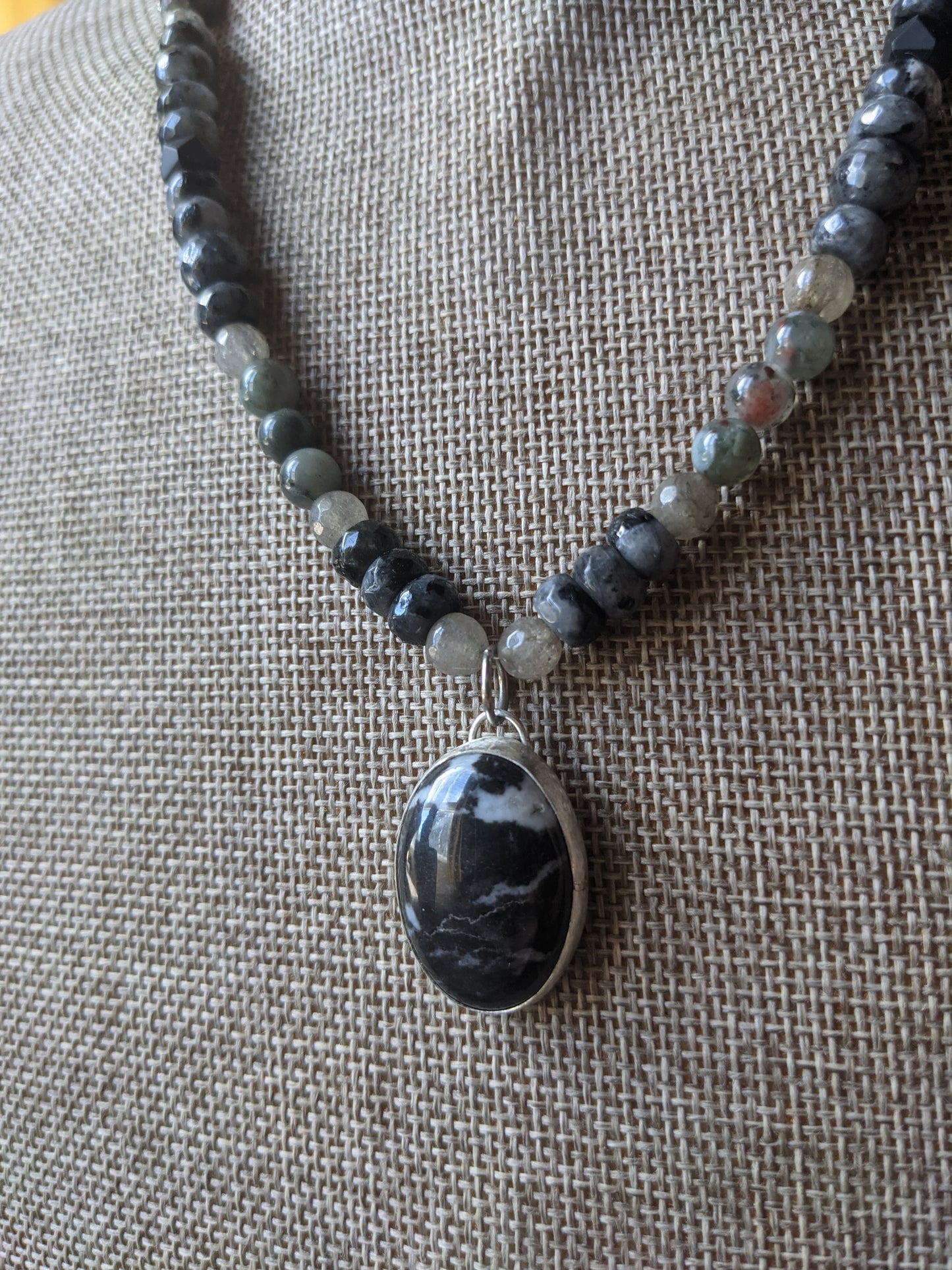 Sterling Silver Larvikite Labradorite and Onyx Short Statement Necklace