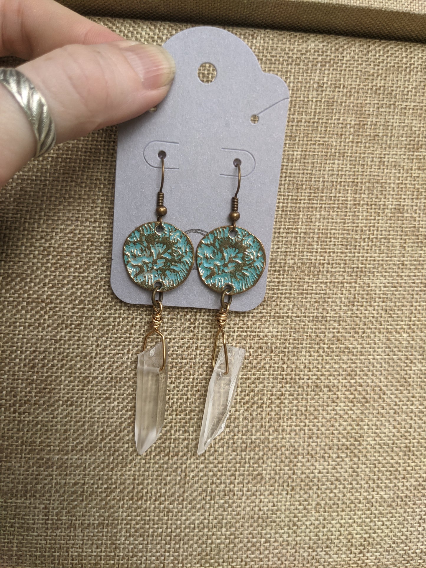 Patina Hammered Circles and Quartz Crystal Statement Earrings