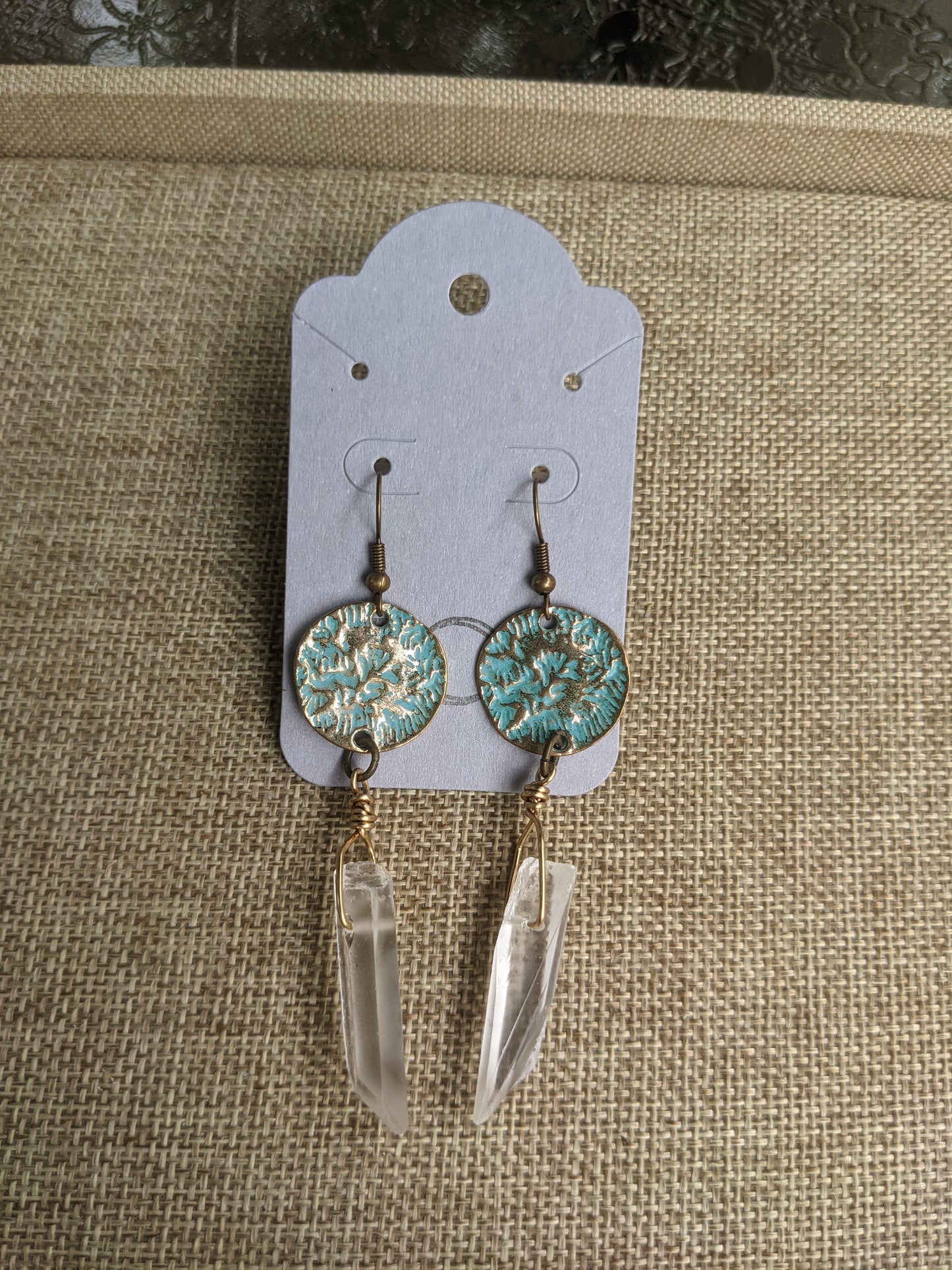 Patina Hammered Circles and Quartz Crystal Statement Earrings