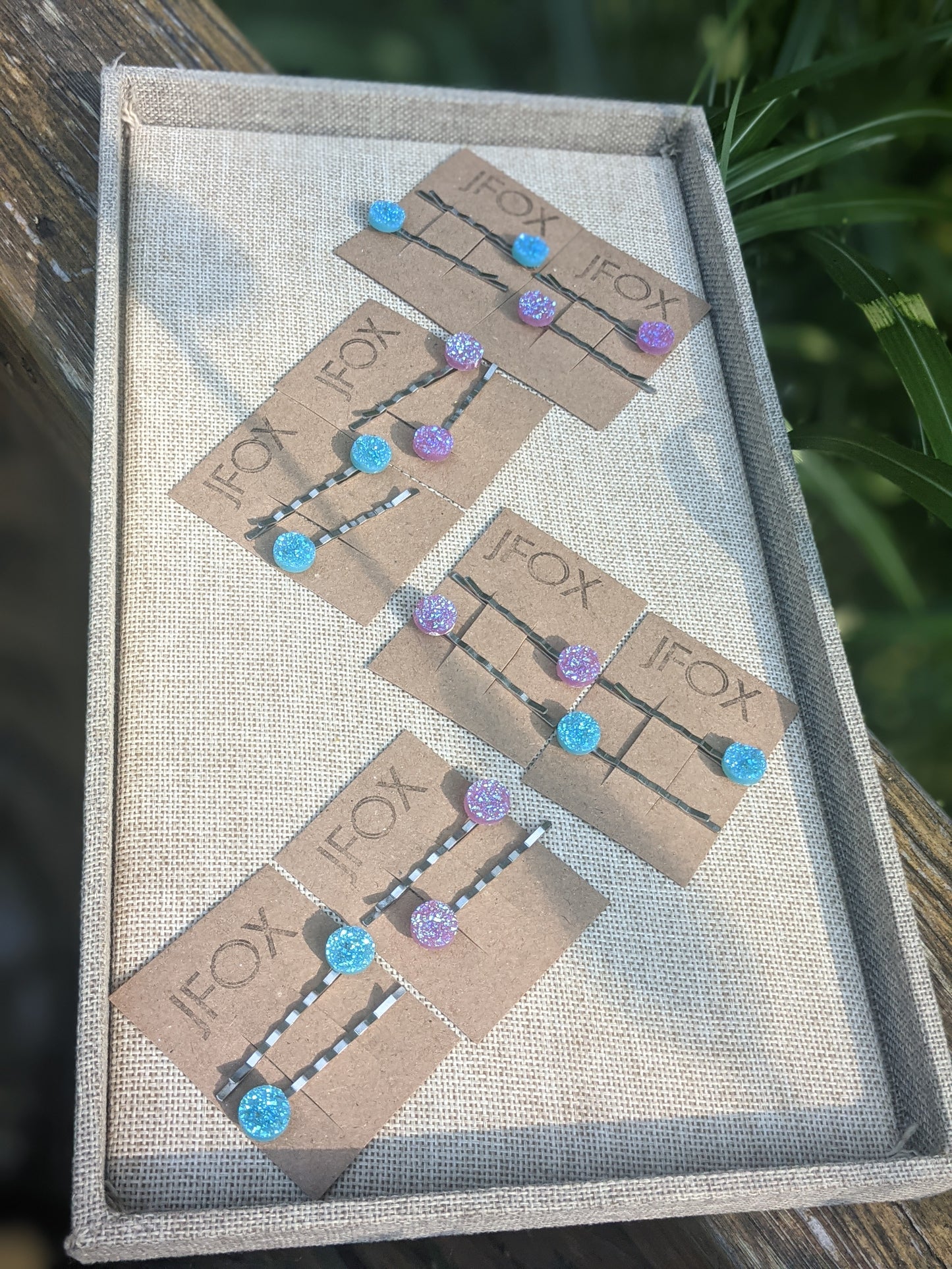Juego de 2 horquillas con drusa azul eléctrico