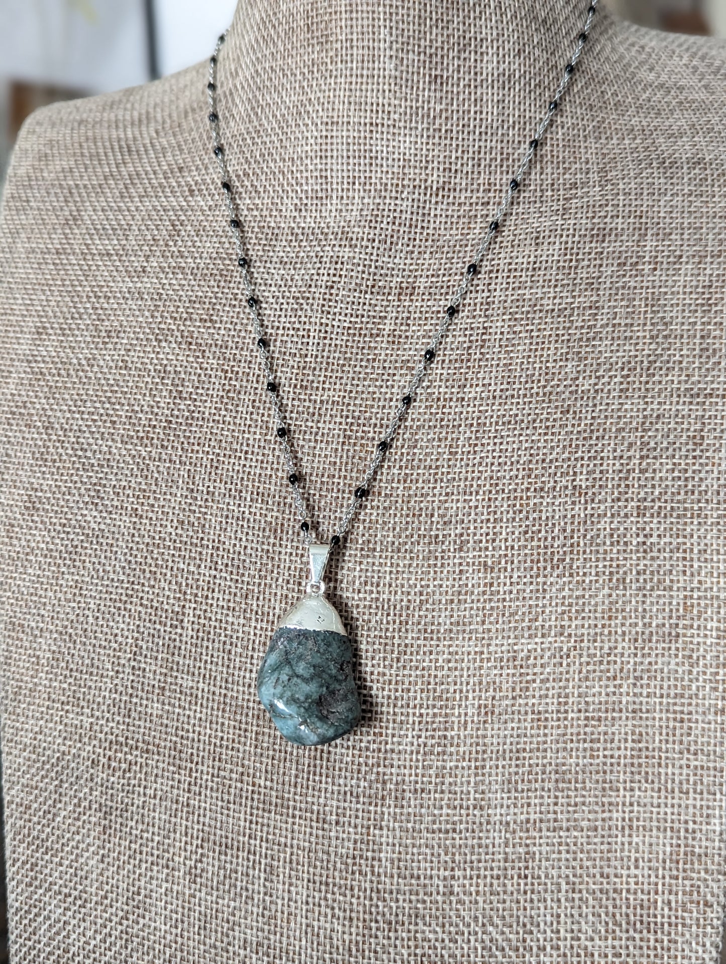 Emerald Pendant on Silver and Black Chain (MTO)