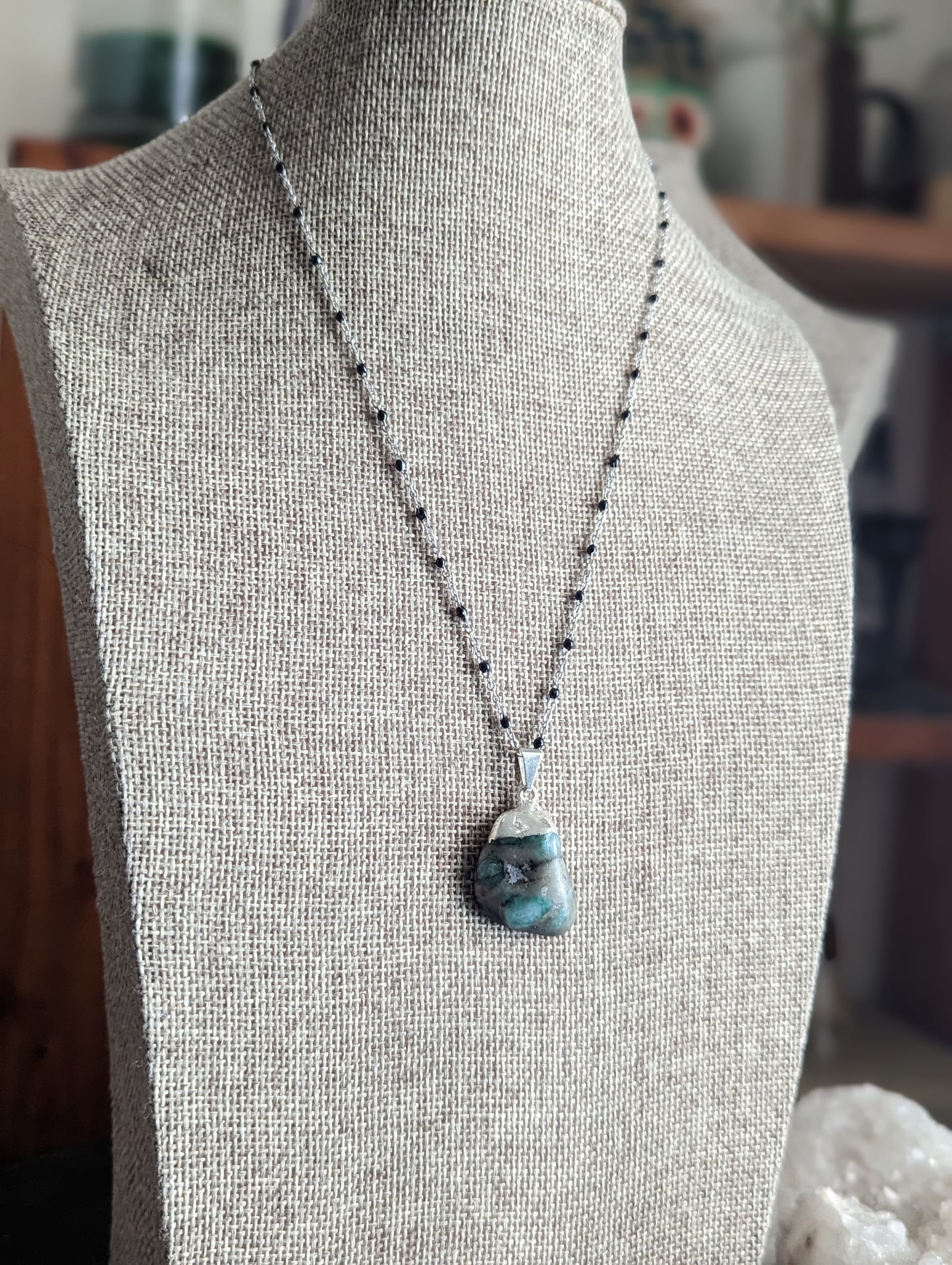 Emerald Pendant on Silver and Black Chain (MTO)