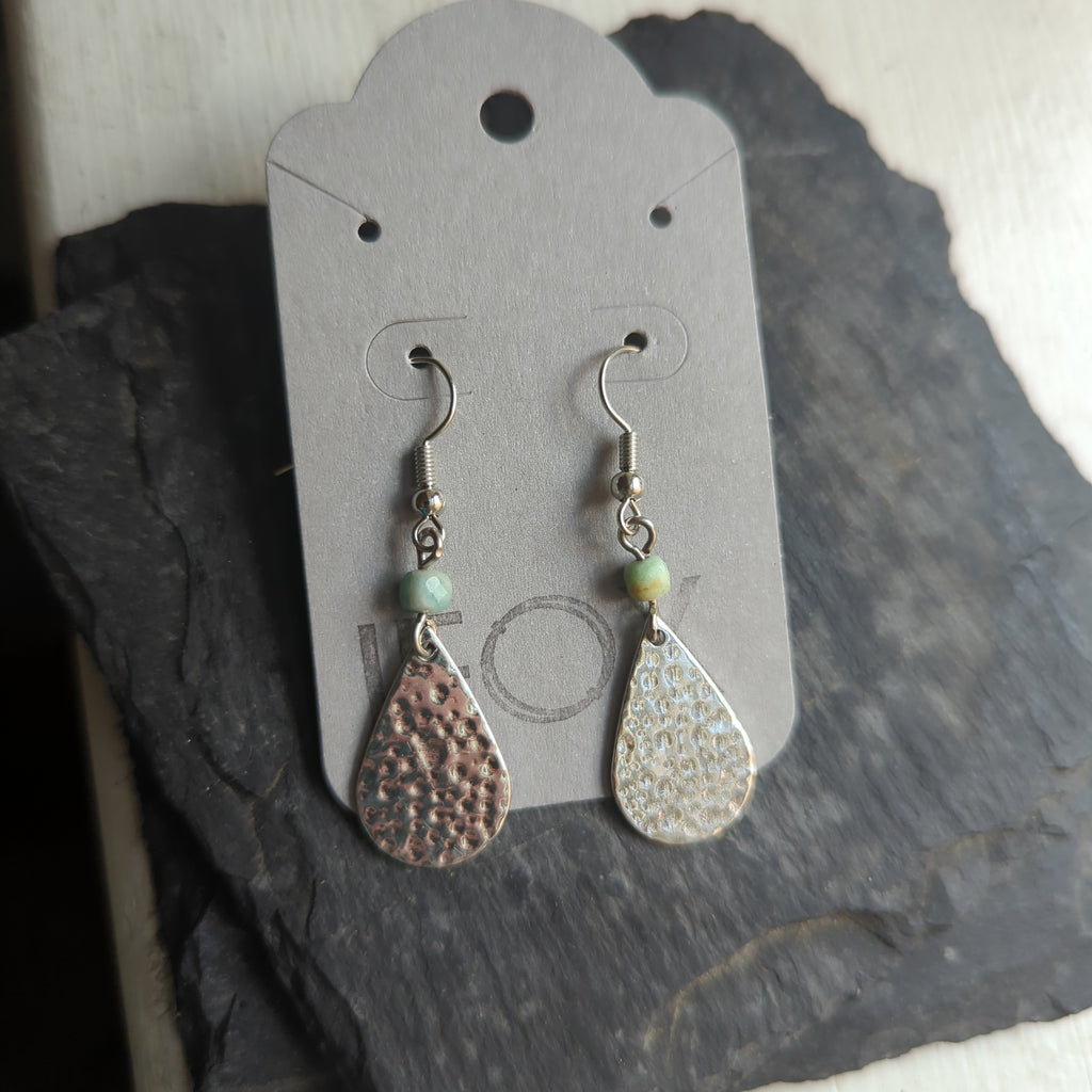 Hammered Teardrop And Amazonite Earrings (brass or silver)