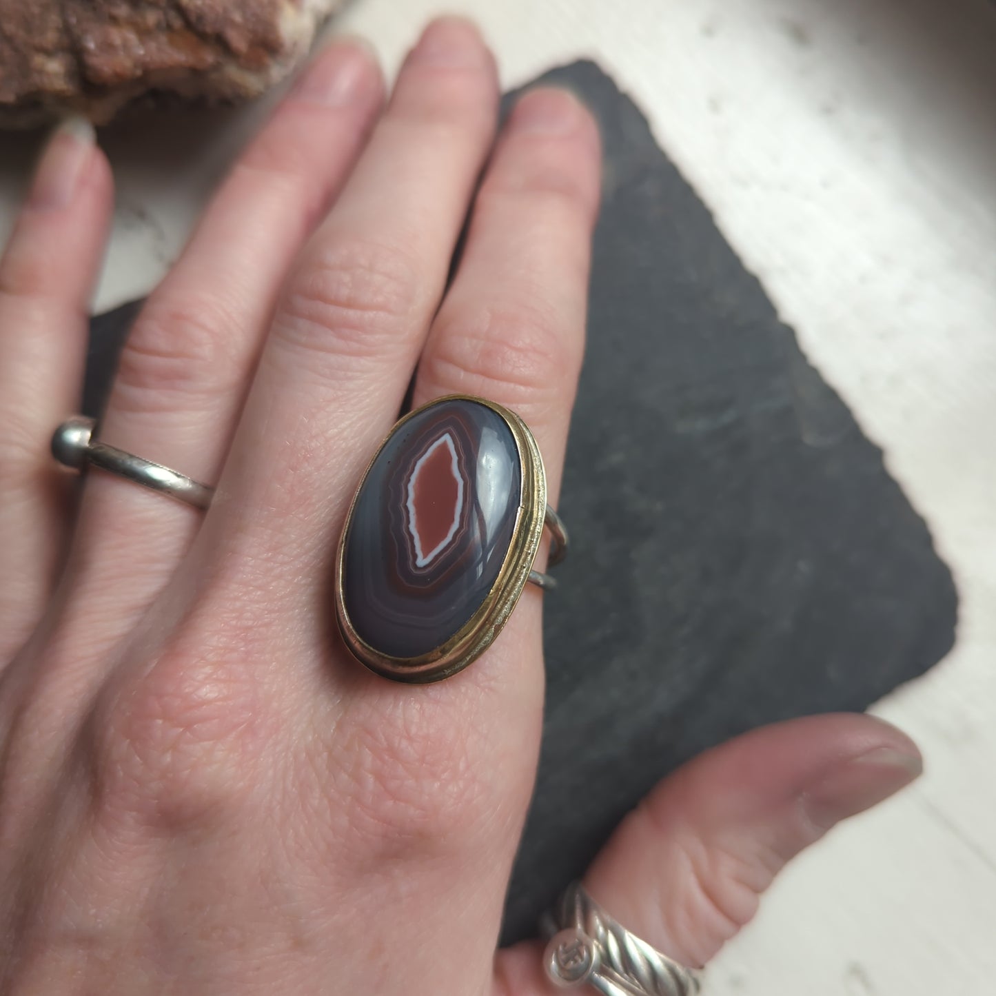 Red Banded Agate Mixed Metal Ring - Size 10