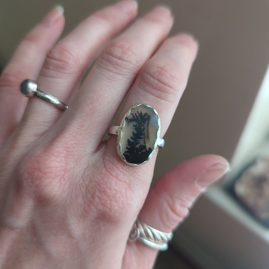 Dendritic Agate Oval Mixed Metal Ring - Size 8
