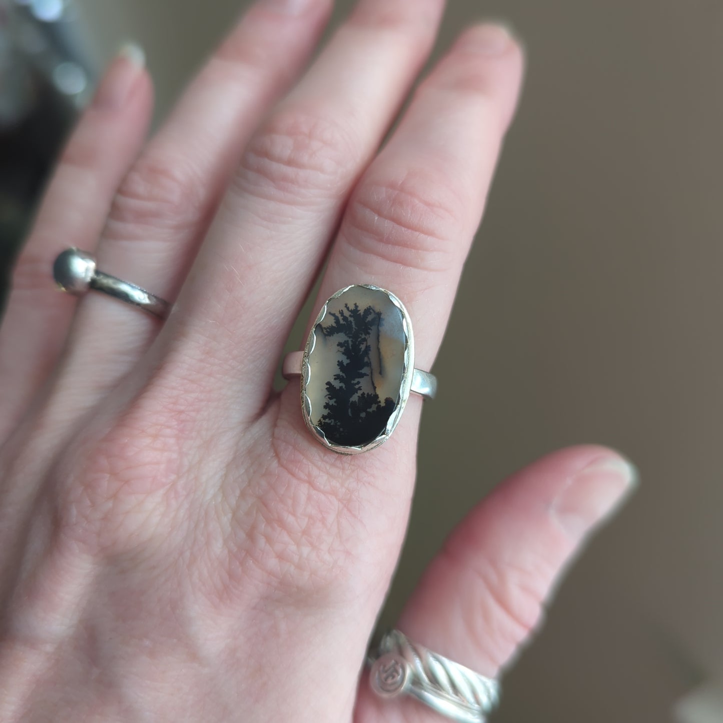 Dendritic Agate Oval Mixed Metal Ring - Size 8