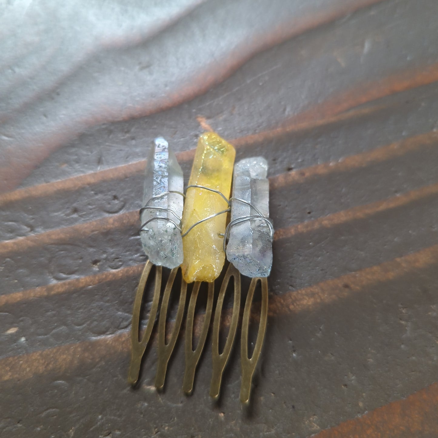 Small Blue/Yellow Quartz Crystal Hair Comb