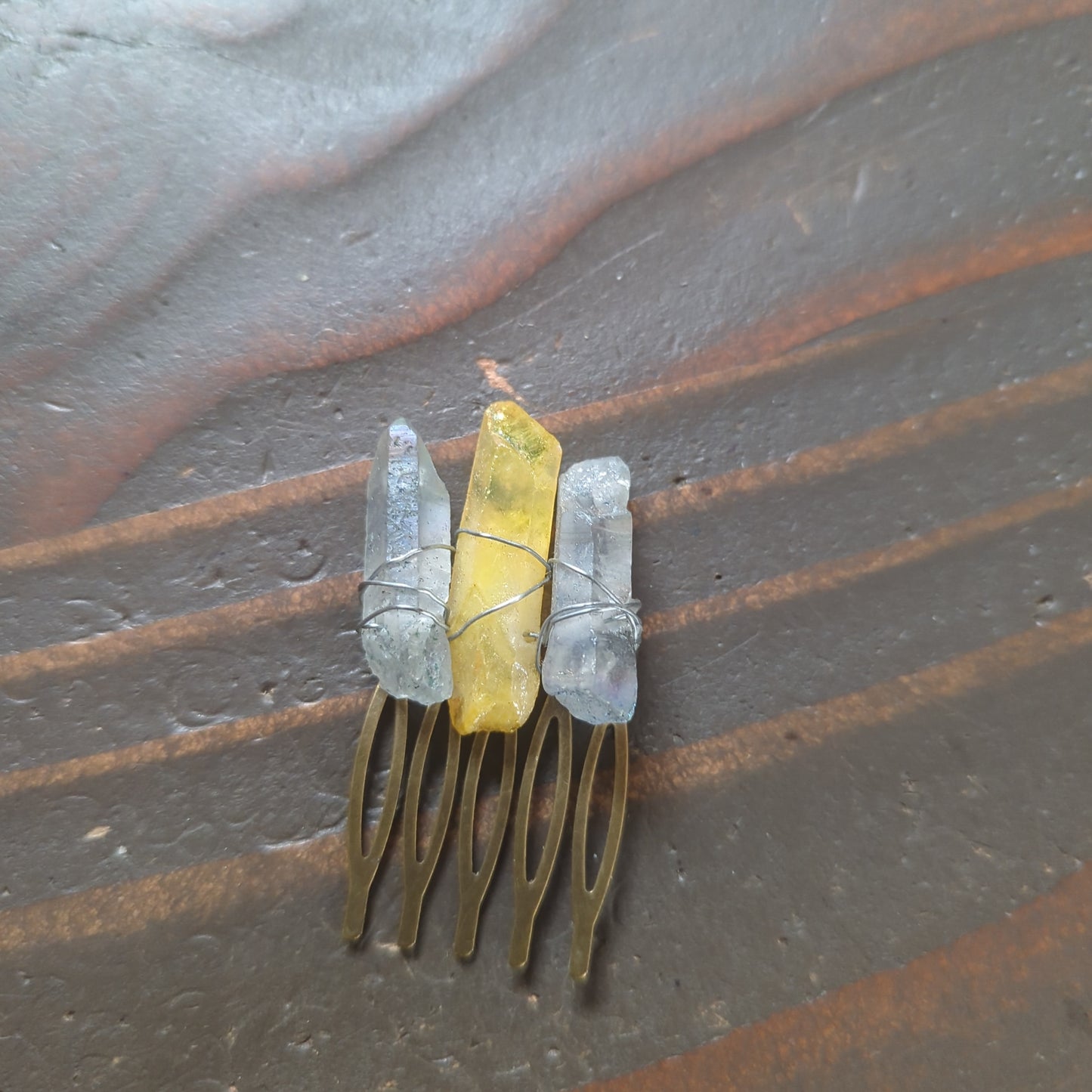 Small Blue/Yellow Quartz Crystal Hair Comb