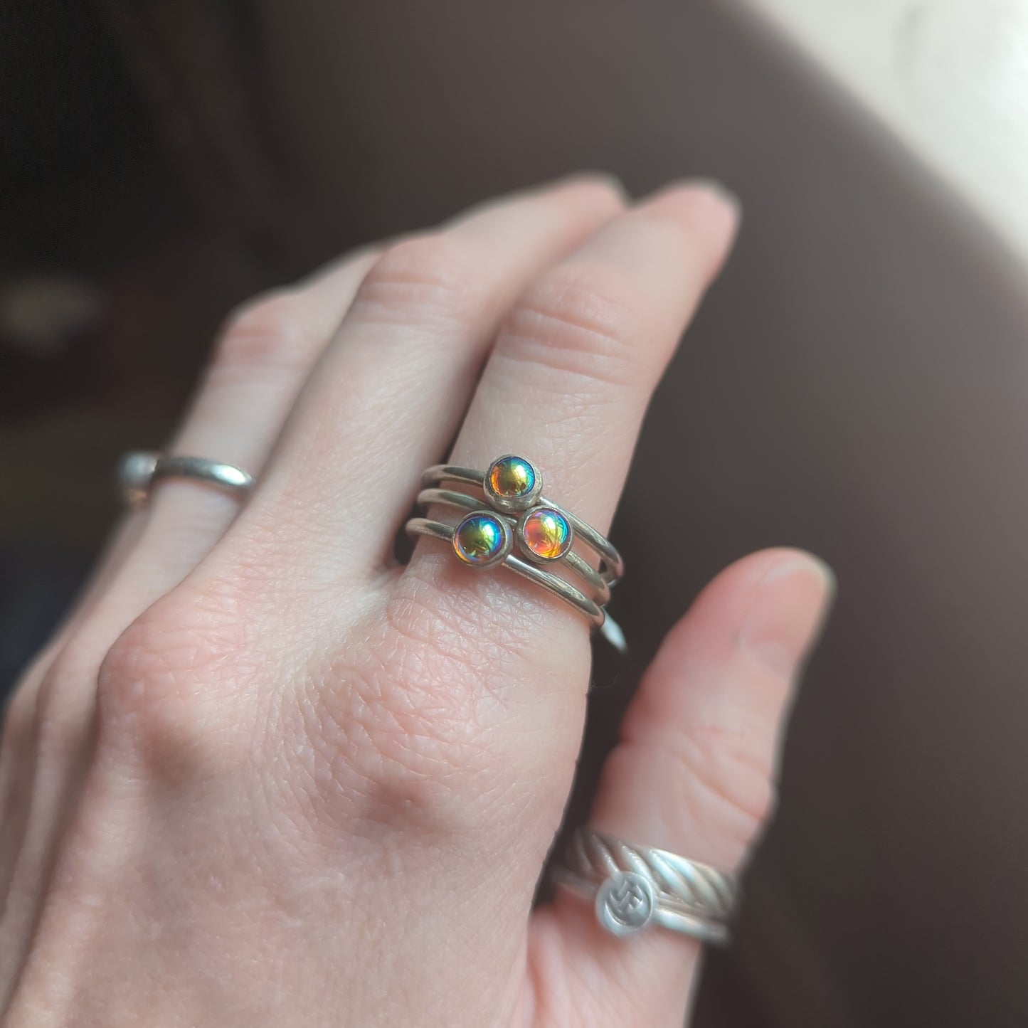 Vintage Rainbow Aura Glass Silver Stacker Rings (various sizes available) MTO