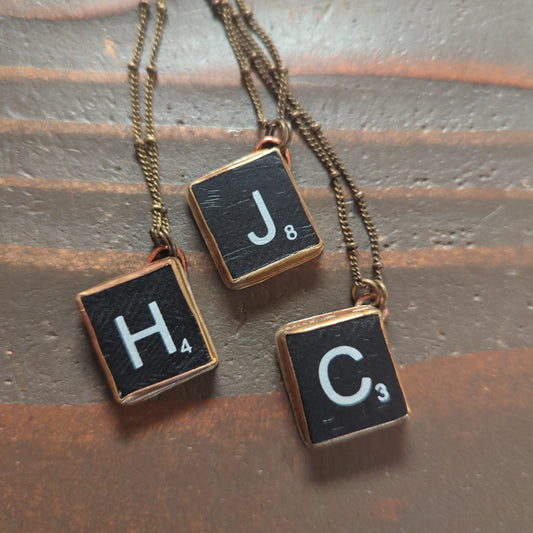 Scrabble Letter Brass Necklace (Black or White) (MTO)