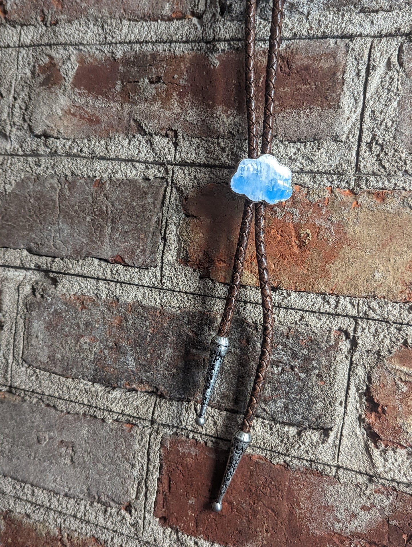 Blue Sky Cloud Brown Leather Bolo Tie