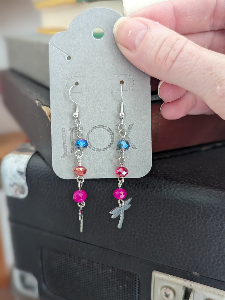 Pink, Red, Blue Crystal Dragonfly Earrings