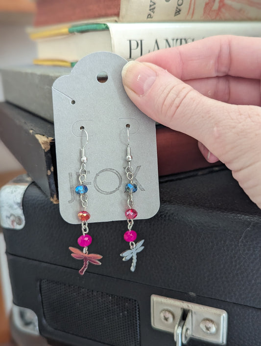 Pink, Red, Blue Crystal Dragonfly Earrings
