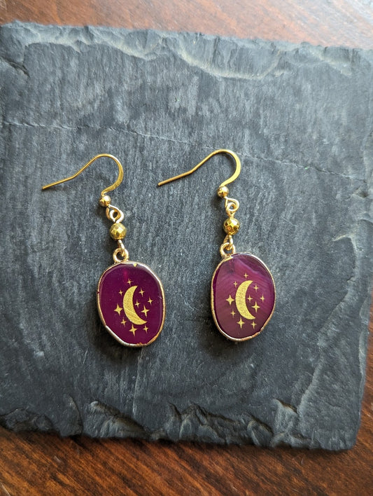 Pink Agate Etched Gold Moon Earrings