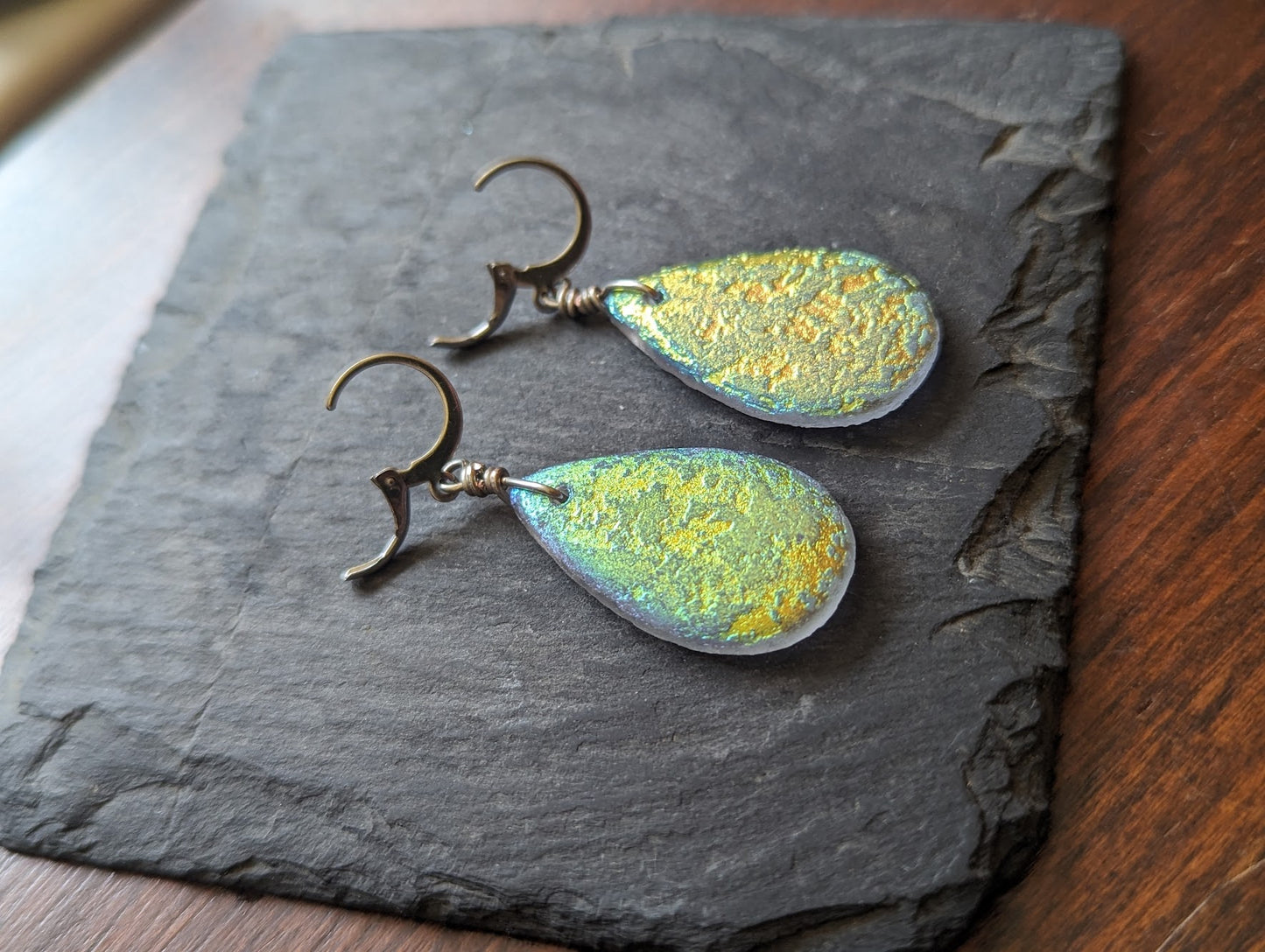 Textured Blue/Green Glass Tear Drop Earrings