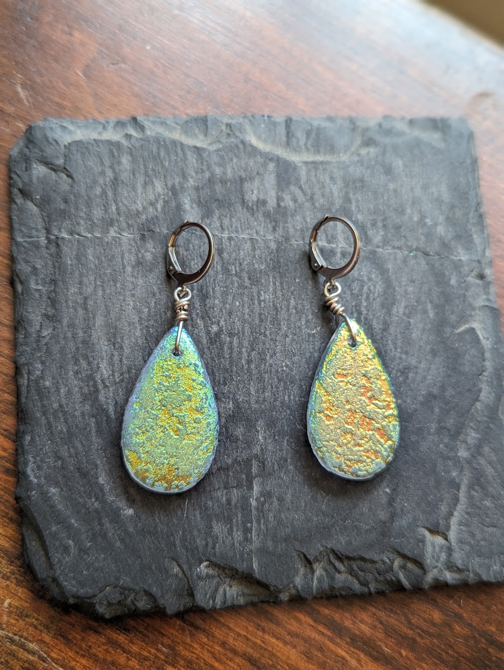 Textured Blue/Green Glass Tear Drop Earrings