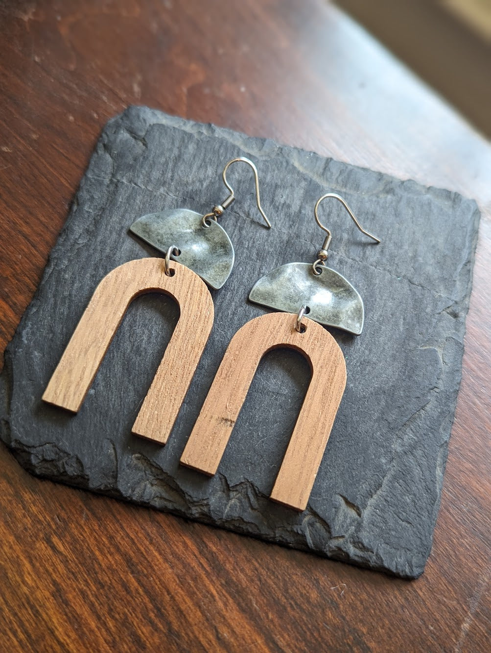 Hammered Silver Half Moon and Wooden Arch Statement Earrings