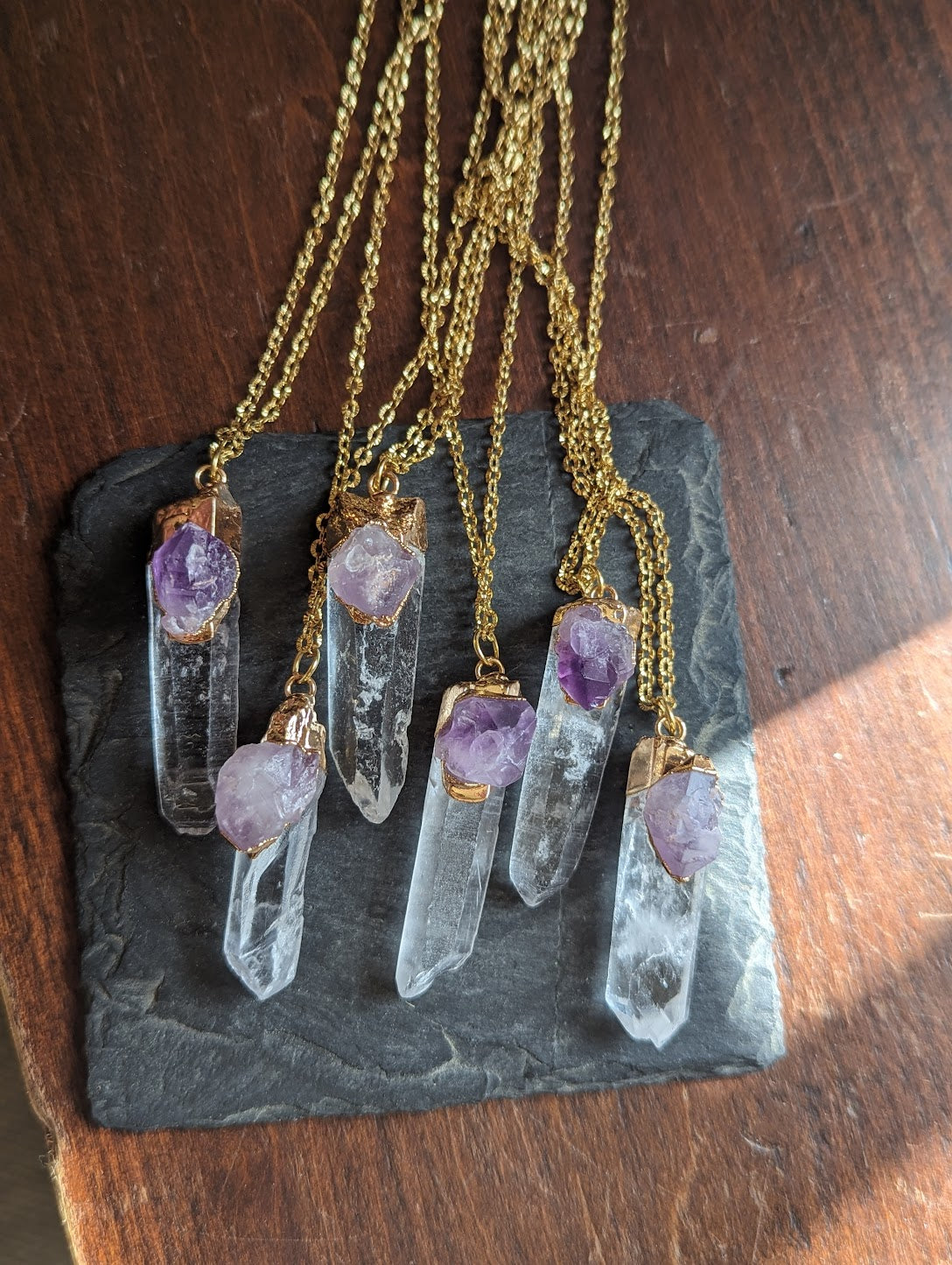 Amethyst Clear Quartz Pendant on Gold Stainless Steel