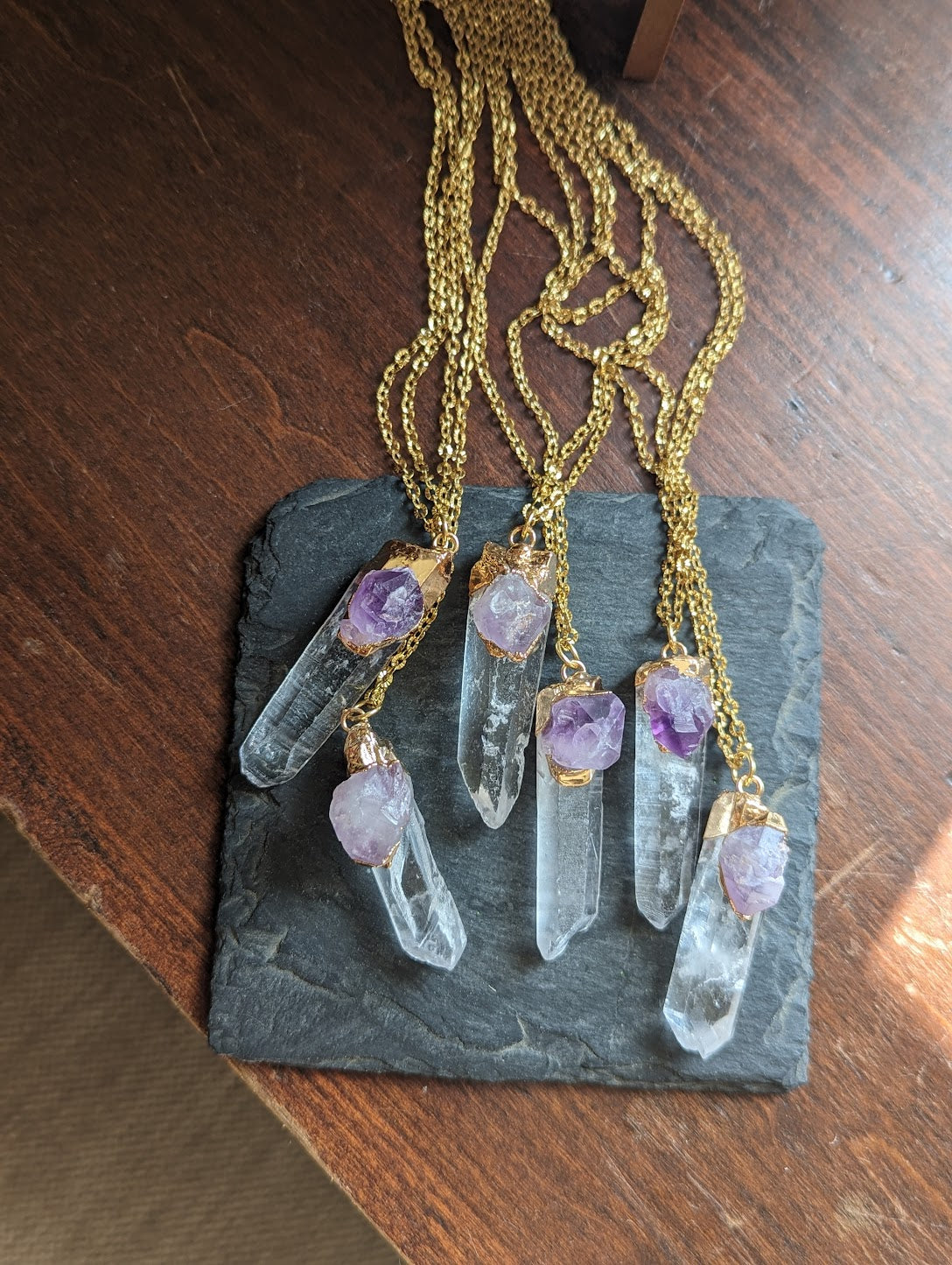 Amethyst Clear Quartz Pendant on Gold Stainless Steel