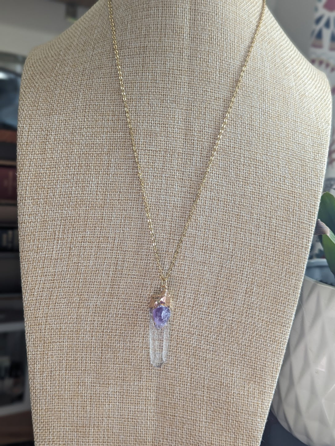 Amethyst Clear Quartz Pendant on Gold Stainless Steel