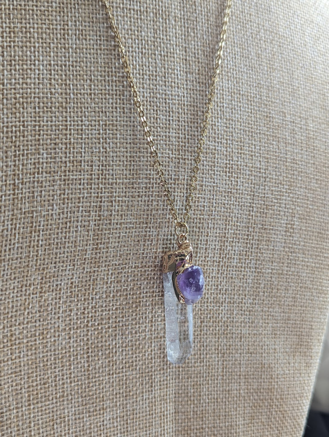 Amethyst Clear Quartz Pendant on Gold Stainless Steel