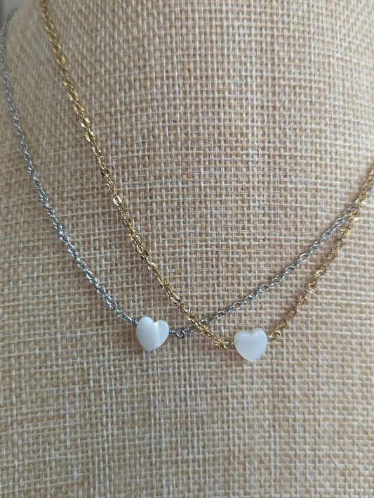 Mother of Pearl Heart Necklace (Gold or Silver)