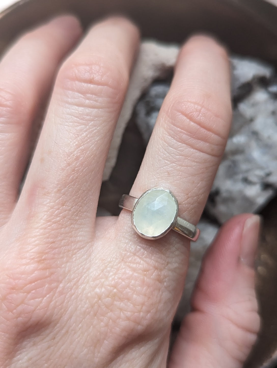 Faceted Oval Moonstone Ring - Size 7 or 8