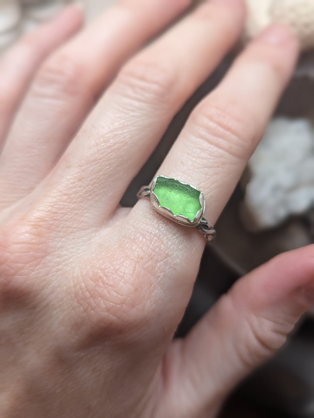 Green Seaglass Ring - Size 7.5 and 8.5