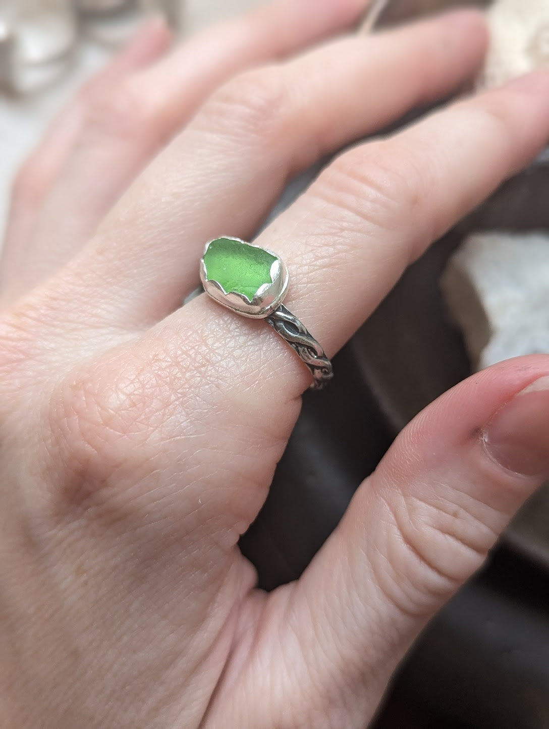 Green Seaglass Ring - Size 7.5 and 8.5