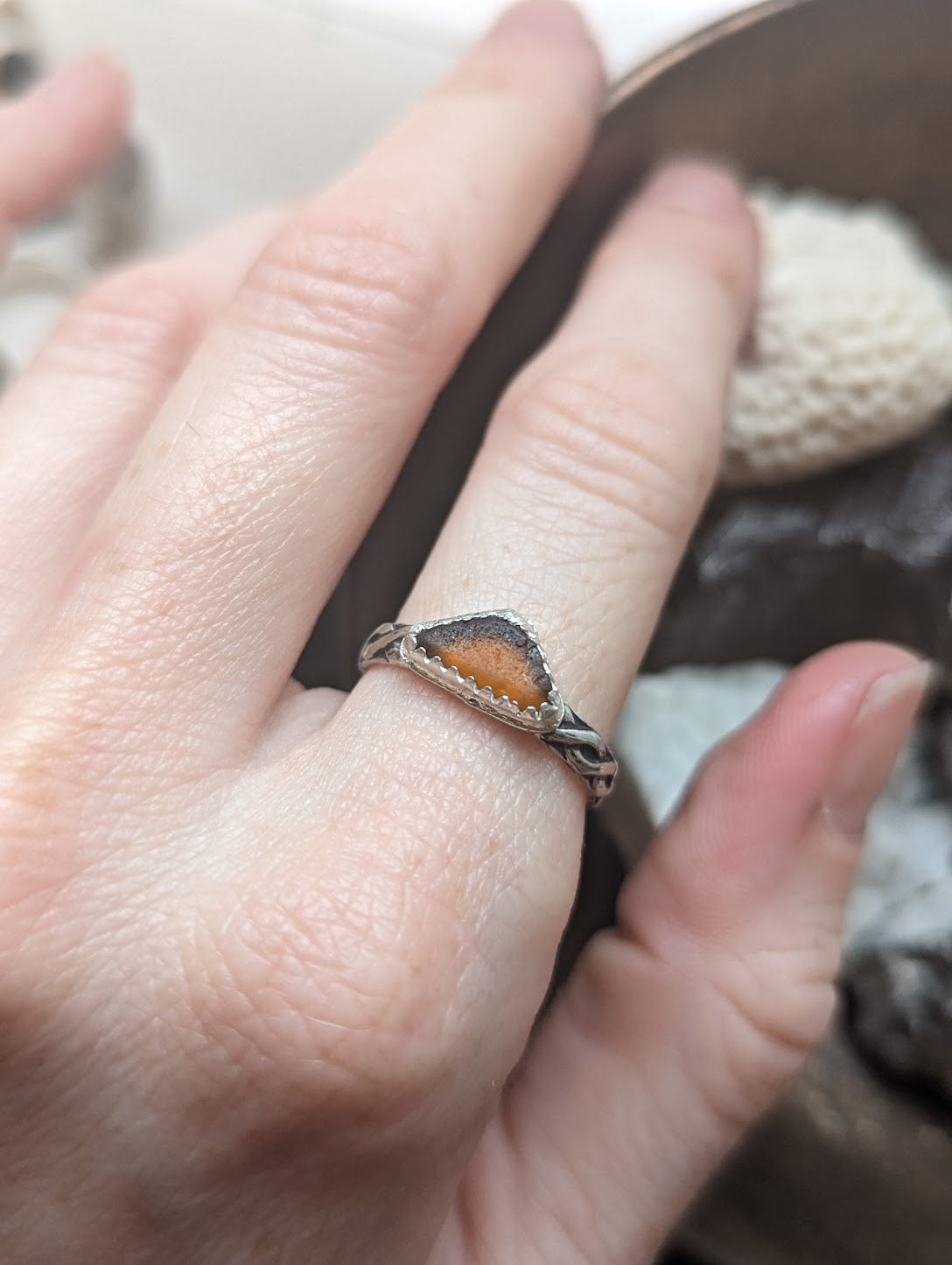 Brown Triangular Seaglass Braided Band - Size 8