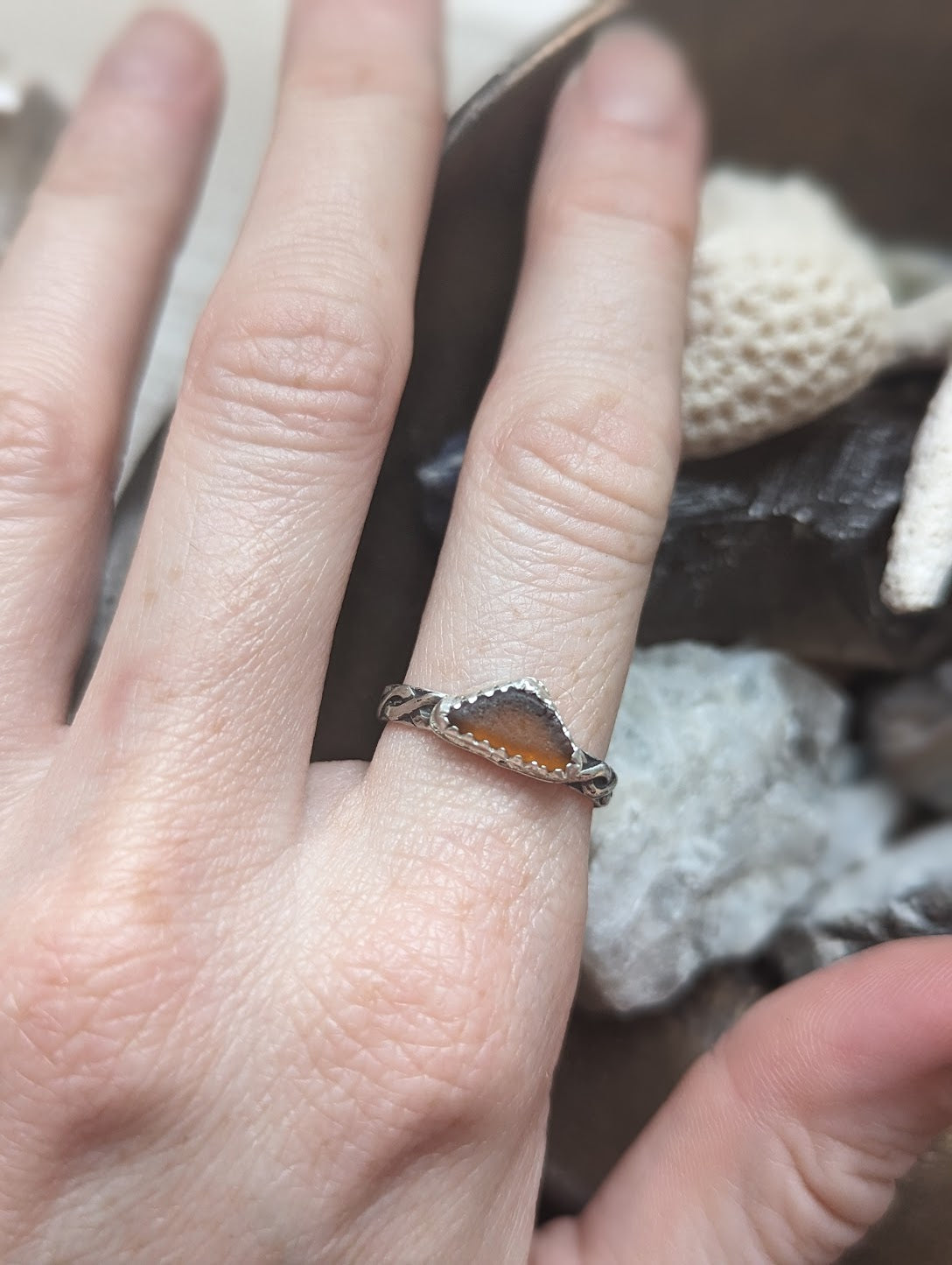 Brown Triangular Seaglass Braided Band - Size 8