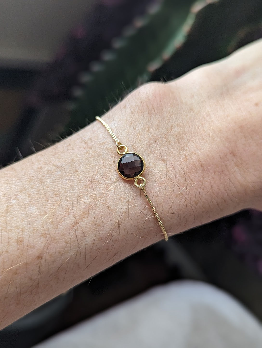 Faceted Small Round Smoky Quartz Gold Slider Bracelet