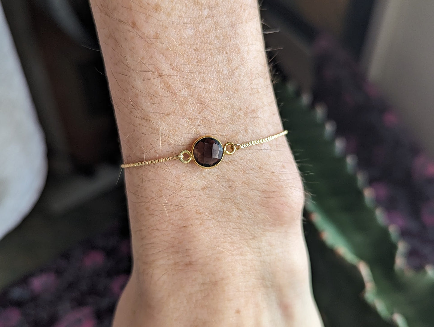 Faceted Small Round Smoky Quartz Gold Slider Bracelet