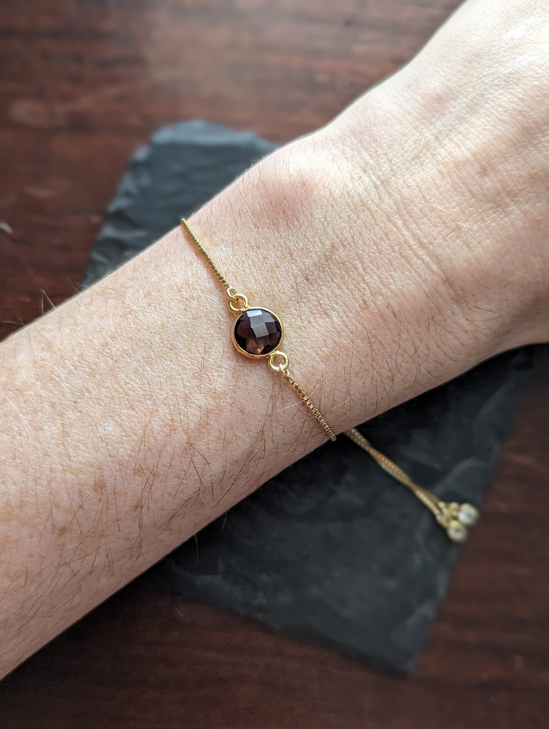 Faceted Small Round Smoky Quartz Gold Slider Bracelet