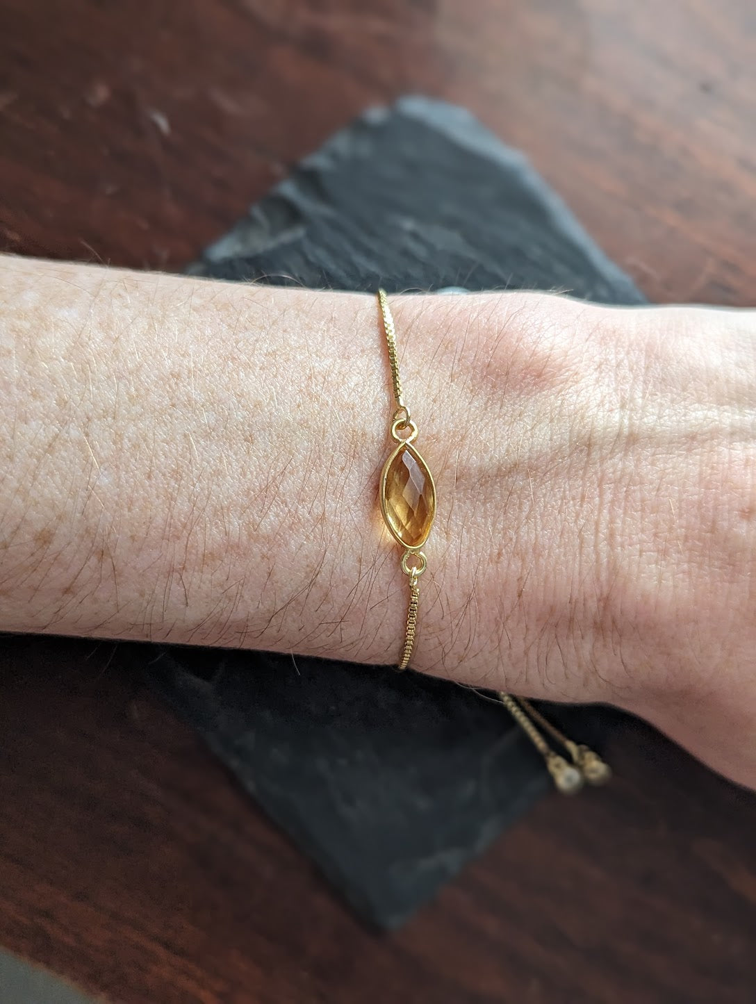 Faceted Citrine Marquise Gold Slider Bracelet