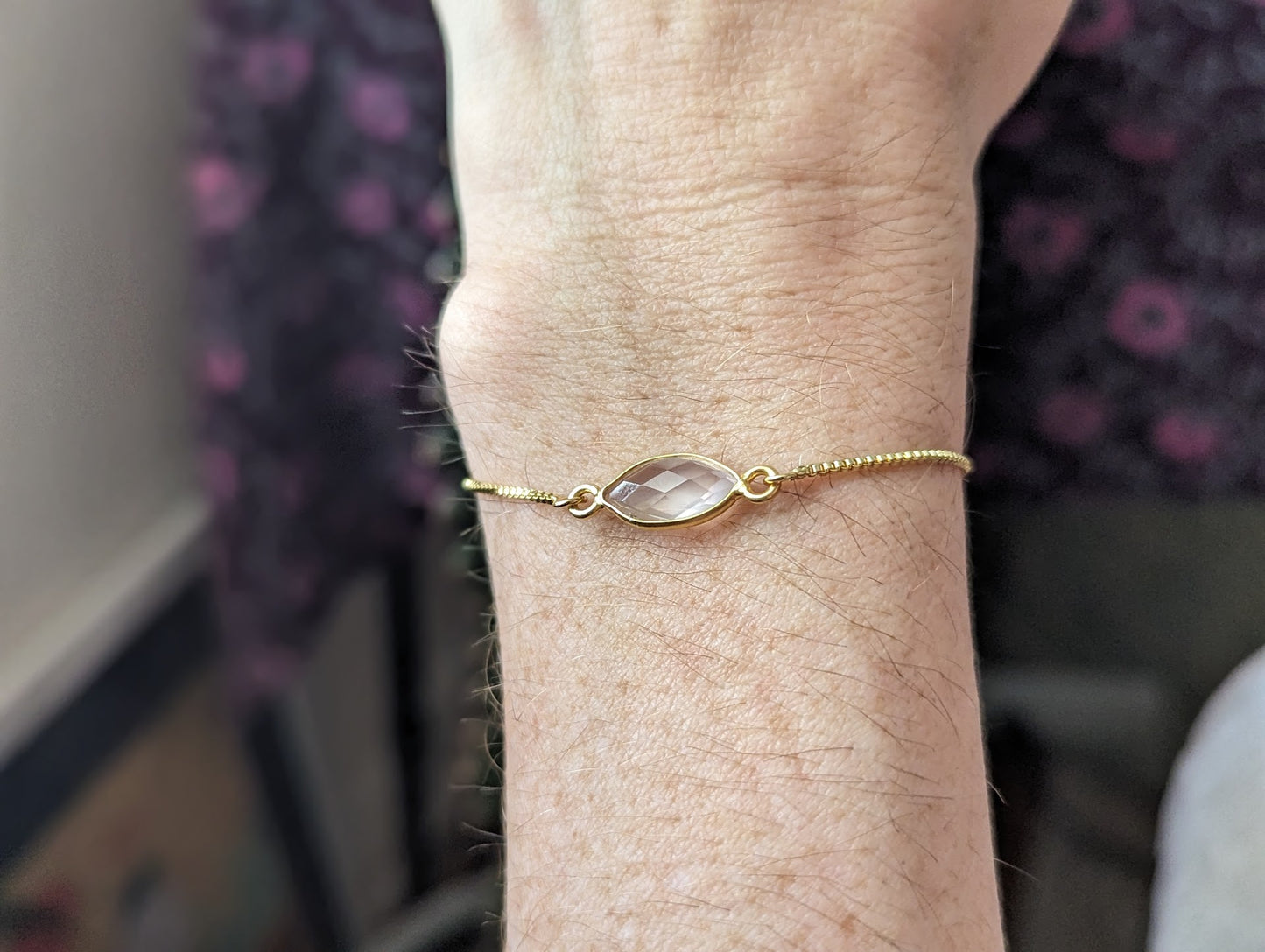 Faceted Rose Quartz Marquise Gold Slider Bracelet