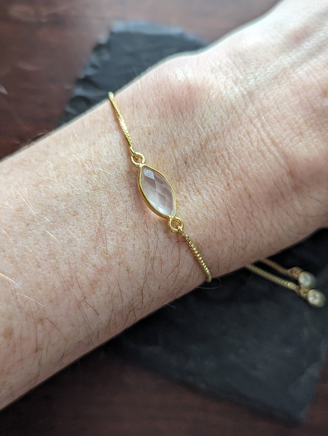 Faceted Rose Quartz Marquise Gold Slider Bracelet