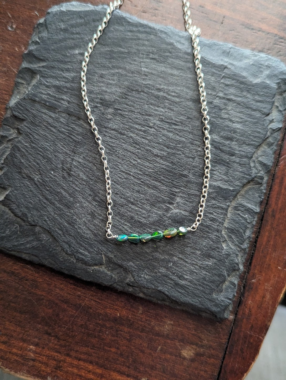 Green Ethiopian Opal Bar on Sterling Silver Chain