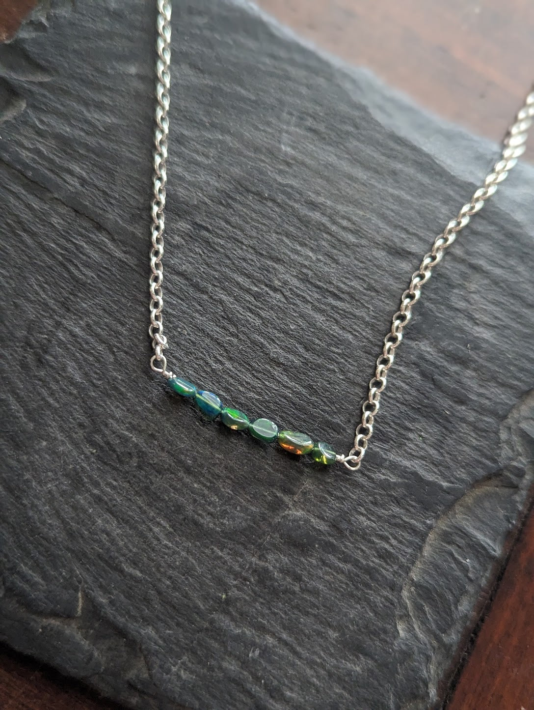 Green Ethiopian Opal Bar on Sterling Silver Chain