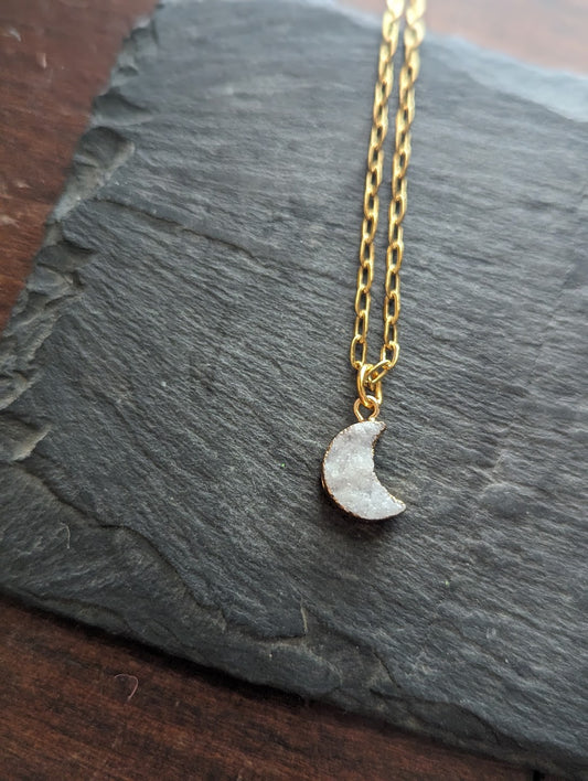 White Druzy Crescent Moon on Paperclip Chain