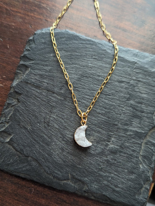 White Druzy Crescent Moon on Paperclip Chain