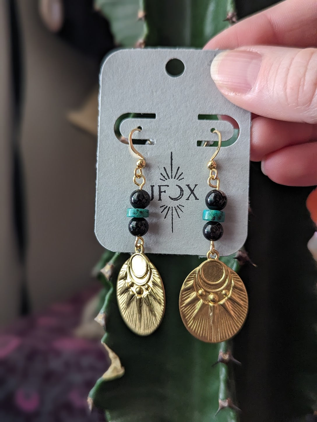 Onyx and Green Turquoise Brass Sun Earrings