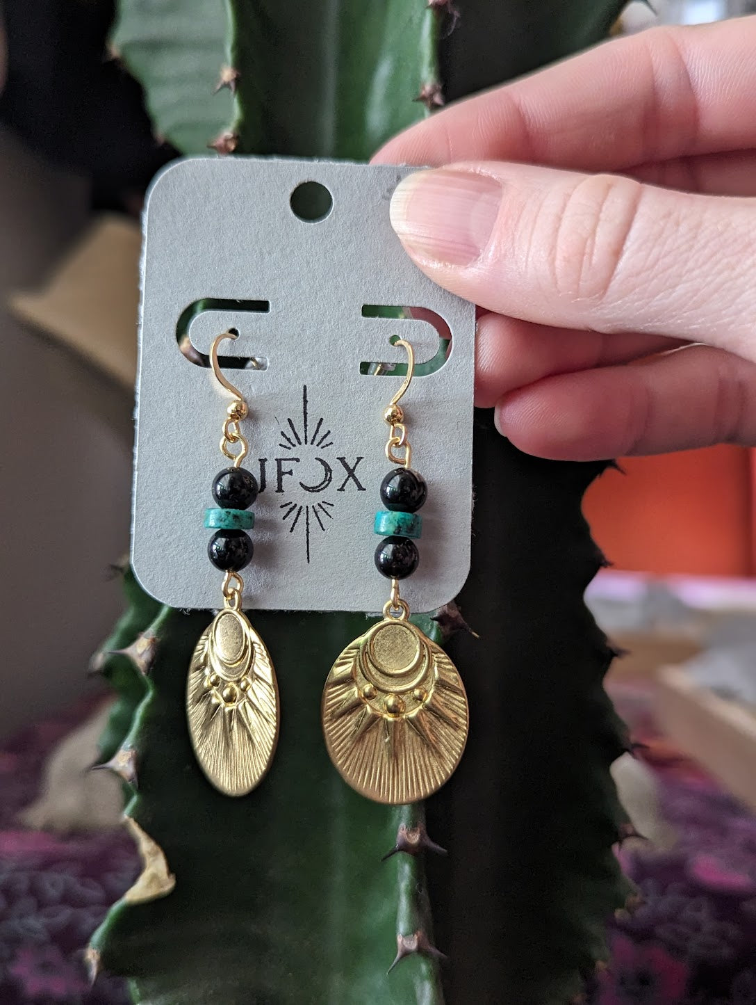 Onyx and Green Turquoise Brass Sun Earrings