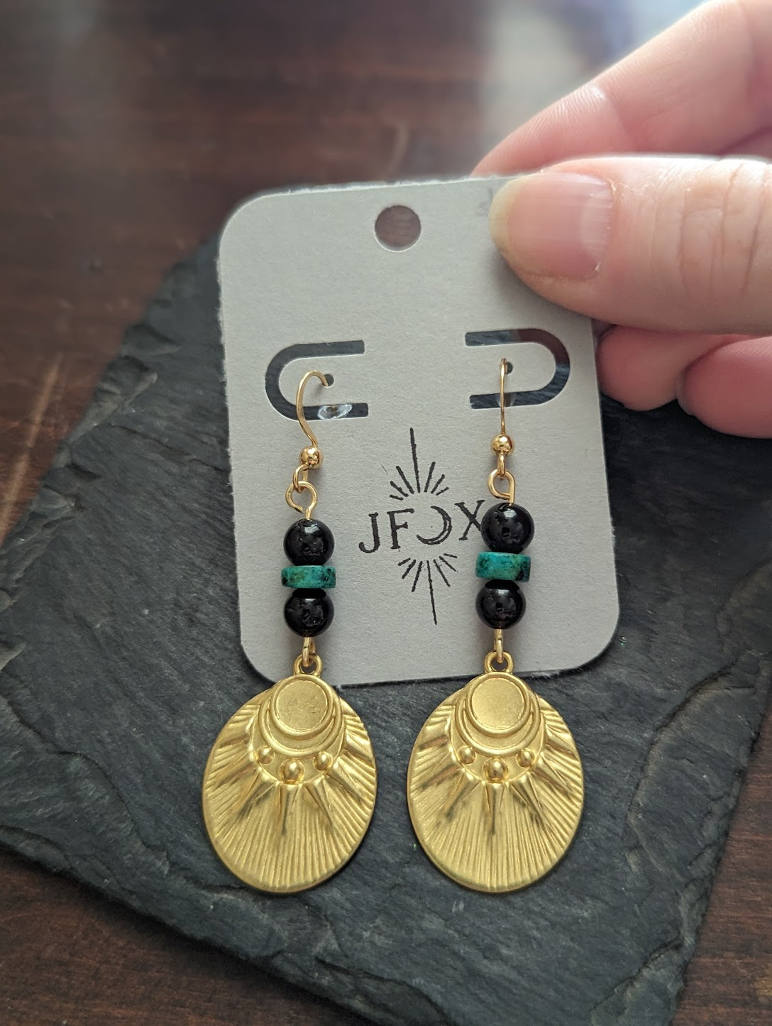 Onyx and Green Turquoise Brass Sun Earrings